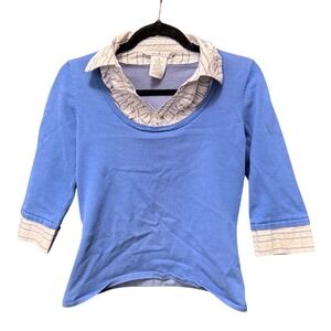 Fred David Women Pullover Sweater Layer Shirt Collar Cuffs White Blue Size Small